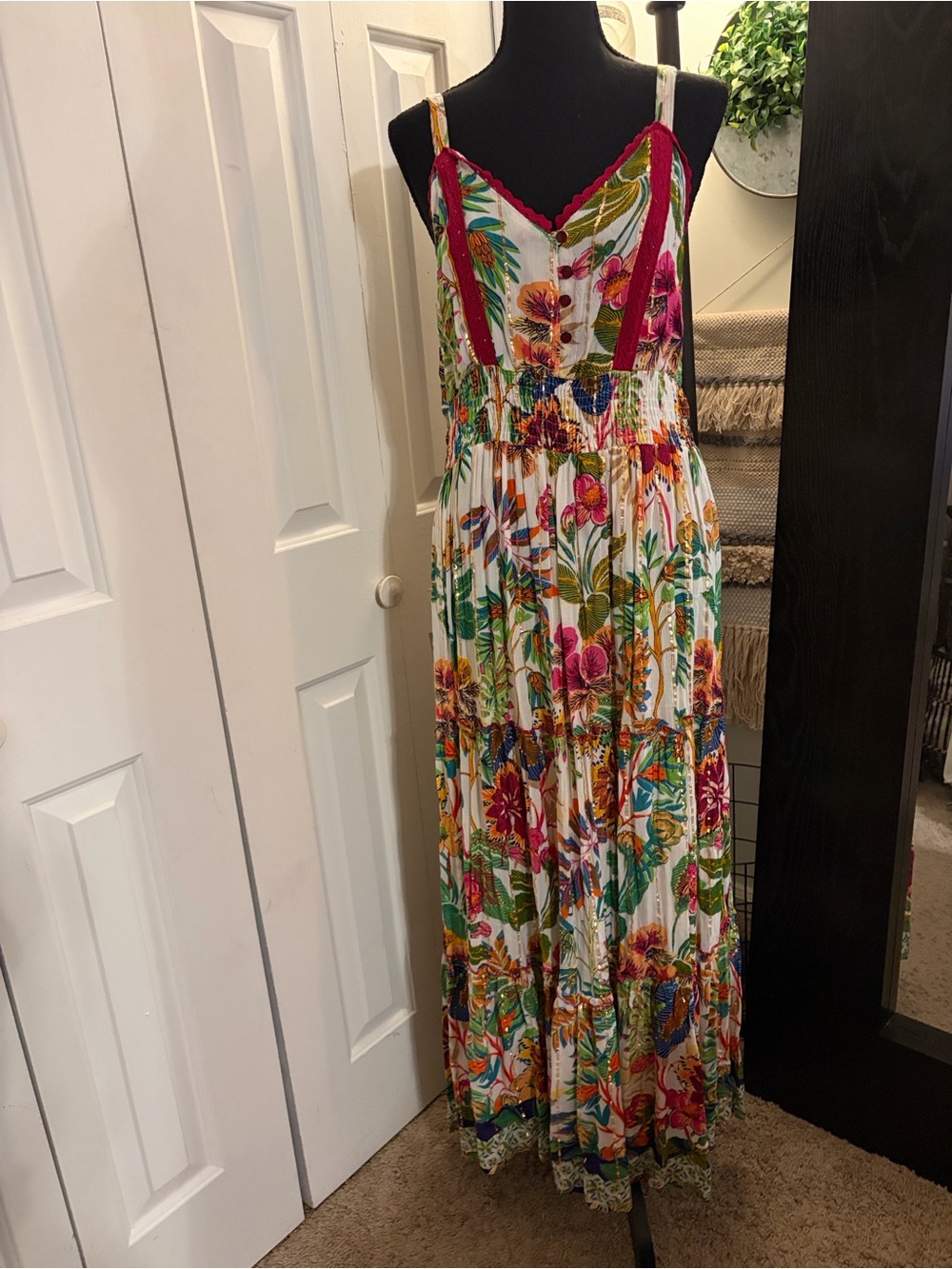 Tropical Floral Cotton Maxi Dress with Gold Accents